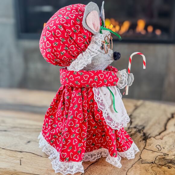 Primitive Folk Art Sock Bottle Christmas Granny Mouse w Bifocals/Candy Cane-12”H - Picture 8 of 9